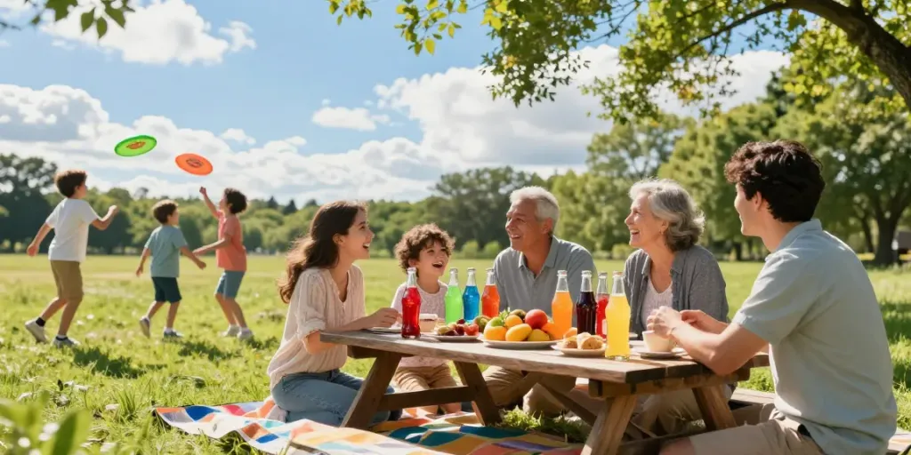 Family enjoying glass bottle soda at a sunny picnic with vibrant snacks.