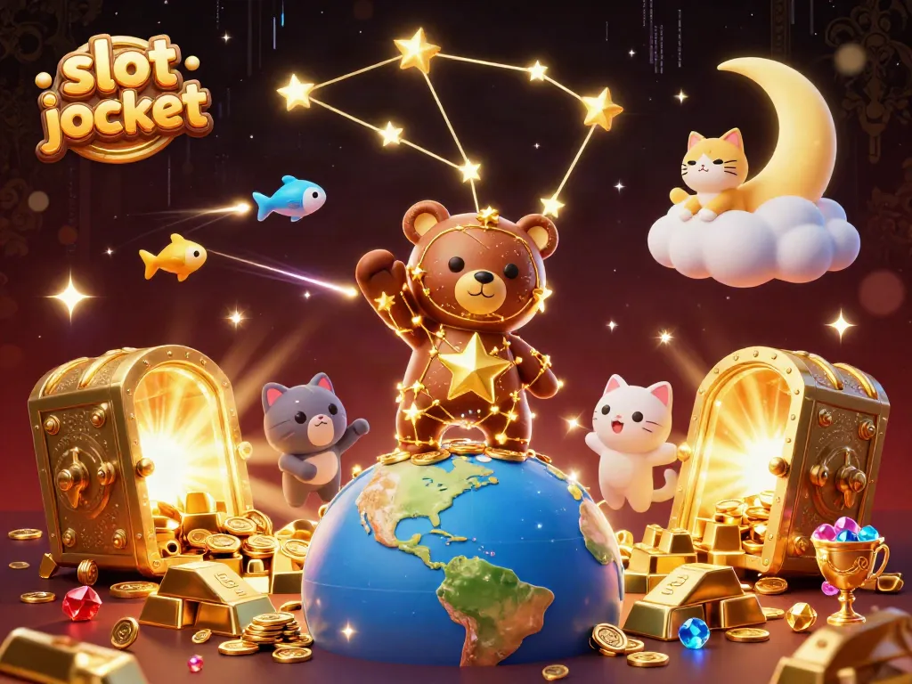 Experience the thrill of slot jackpot with stunning 3D characters and golden treasures in a vibrant casino scene.