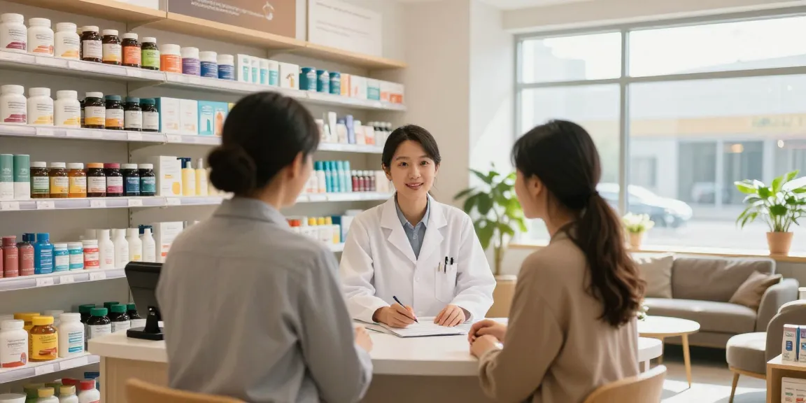 Engaging parapharmacie Canada scene with pharmacist assisting customer, showcasing health products.