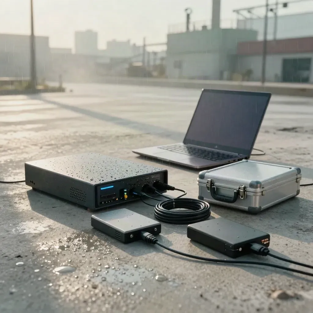 Sleet-soaked cyber response kit on concrete with firewall, laptop, drives, cables and evidence case.