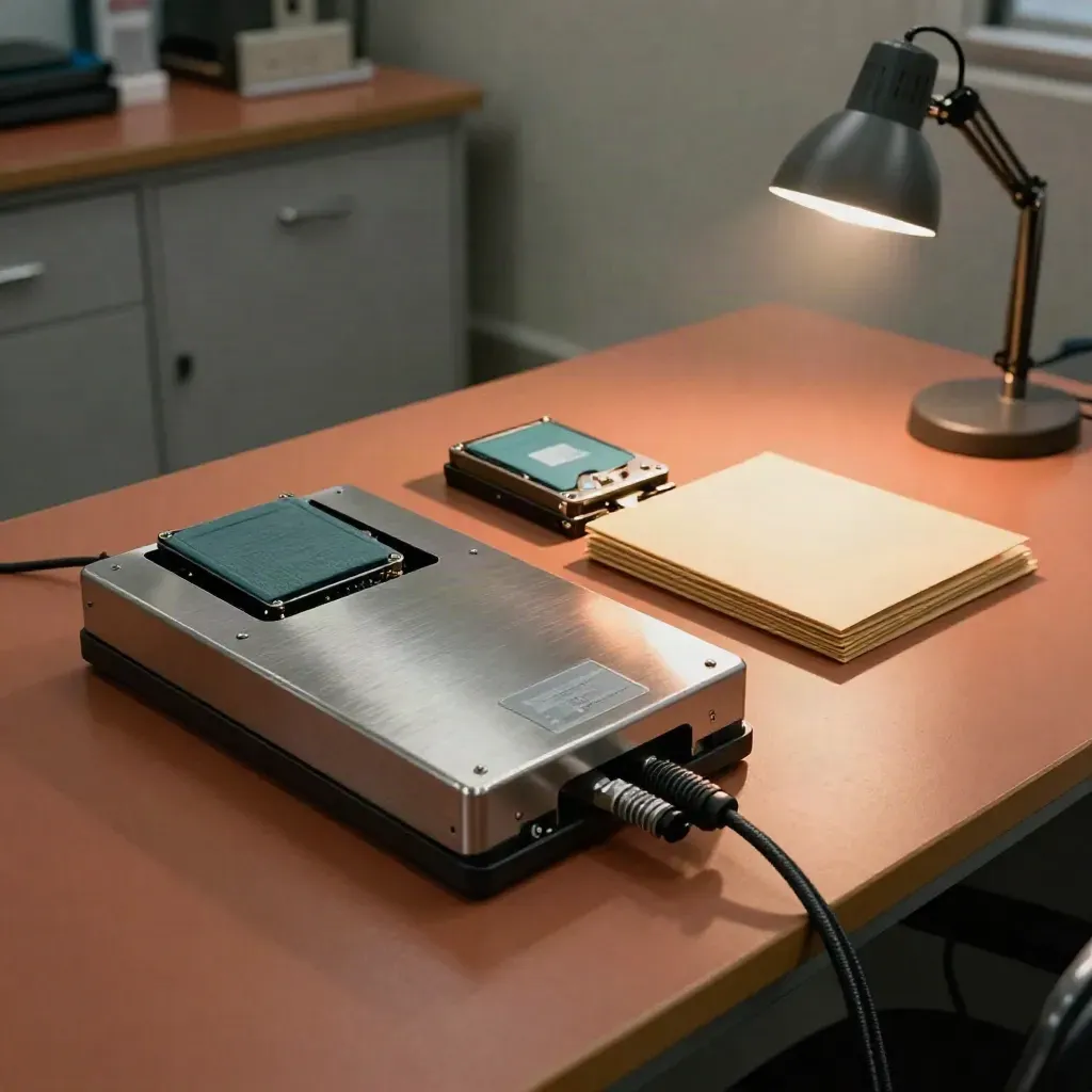 Forensic drives, write-blocker, and evidence folder lit by a small lamp on a lab bench