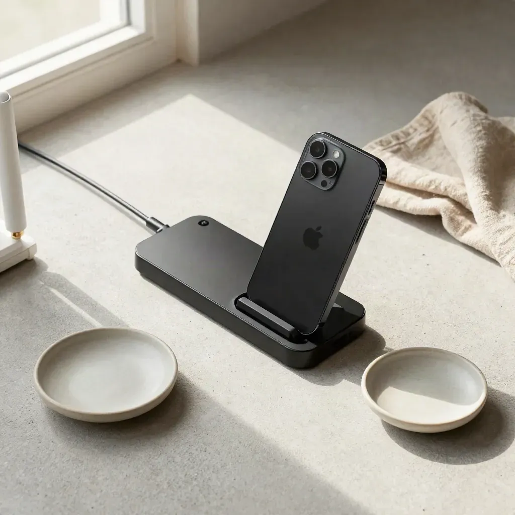 Overhead flatlay of a black incident-response phone dock, router, linen and ceramic dish