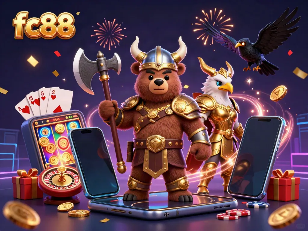 Engage with fc88 as the Viking berserker bear and Valkyrie eagle battle alongside thrilling casino elements, vibrant and dynamic.