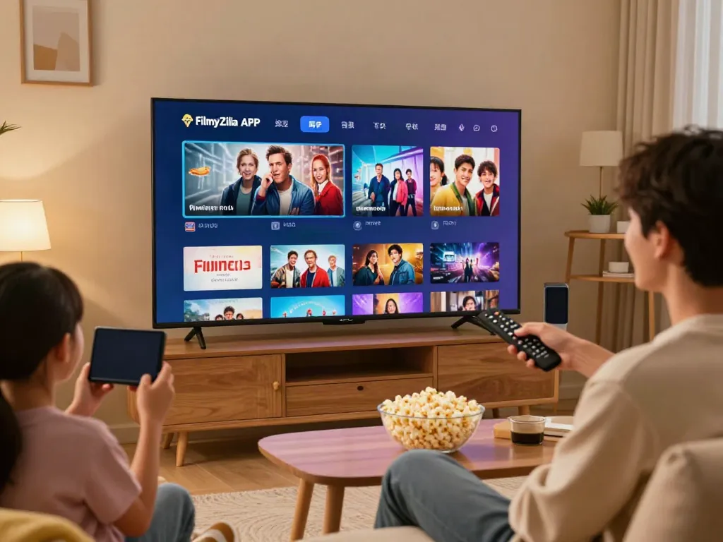 Enjoying movies on FilmyZilla APK at home, showcasing family entertainment on large TV.