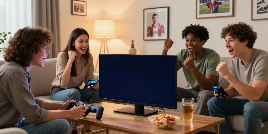Friends celebrating a sports betting match while enjoying a festive atmosphere at https://uk88win.org/.