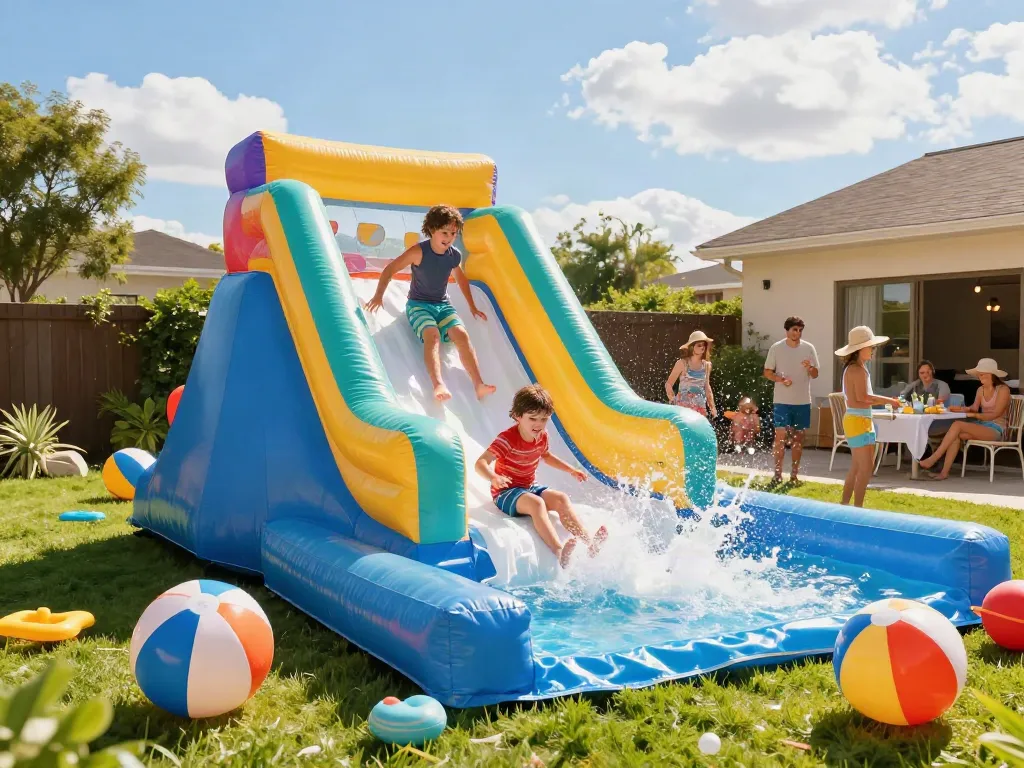Kids enjoying a water slide inflatable, splashing into a pool in a sunny backyard setting.