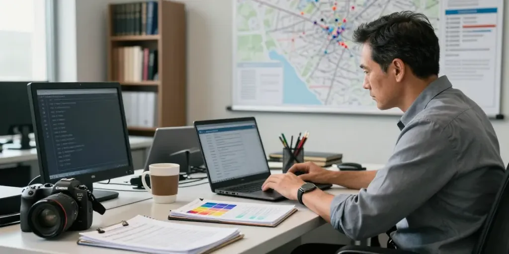 Investigator in an office setting analyzing data and case notes, focusing on https://goodtam.com/blog/흥신소-비용/ for cost details and estimates.